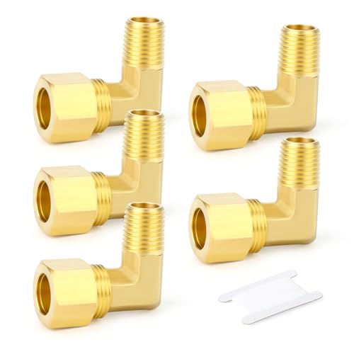 GASHER 5PCS Brass 90 Degree Elbow Compression Tube Pipe Fitting Connector, 1/2" Tube OD x 1/4" NPT Male Connector