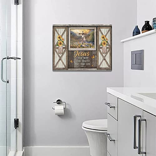 Christian Cross Wall Art Rustic Window Sunflower Religious Canvas Wall Decor Scripture Bible Verse Pictures Print Paintings Framed Artwork Home Decor For Bedroom Living Room 12"X16" #TOP4