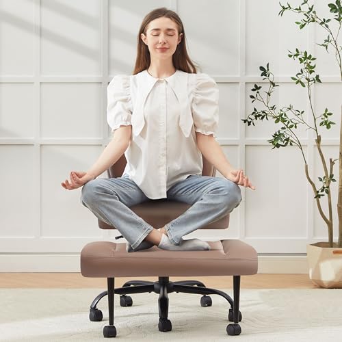 Criss Cross Legged Office Chair with Wheels,Swivel Meditation Chair for ADHD,Ergonomic Cross Legged Desk Chair with Thicken Adjustable Footstool,PU Sitting Fidgeting Kneeling Chair for Home Yoga Brown