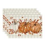 Artoid Mode Buffalo Plaid Polka Dot Pumpkins Leaves Fall Placemats Set of 4 for Table Runner, Kitchen Dining Table Decoration for Indoor Party 12x18 Inch