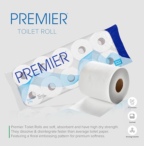 Image of Premier Toilet Tissue Paper Rolls (1600 Pulls) | 2-Ply Soft and Highly Absorbent | 160 Pulls x 10 Rolls | Biodegradable | Clog Free | Flushable | Easy to Tear | Family Pack (10in1) Toilet Paper Roll