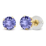 Gem Stone King 14k Yellow Gold Tanzanite Stud Earrings For Women Men | 1.00 Cttw | Gemstone Birthstone | Round 5MM | Fine Jewelry Gifts for Her Mom Women Wife