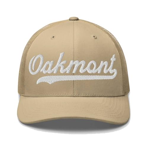 Oakmont Hat Oakmont Trucker Hat Baseball Script Embroidered Cap Vintage Sports Mesh Swoosh Gift Souvenir Headwear PA Khaki