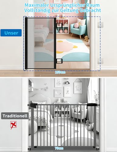 Treppenschutzgitter Ausziehbar für Babys, 0-150cm Treppenschutzgitter Türschutzgitter Ausziehbar Geeignet für Innen Außenbereich, Sicherheitsgitter (Schwarz-150CM), Inklusive Installationszubehör