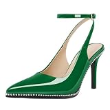 Soireelady Women Green Heels Ankle Strap Slingback High Heels Beaded Pumps Stiletto Heel Sexy Dress Shoes 3.5 Inches Green US Size 9.5