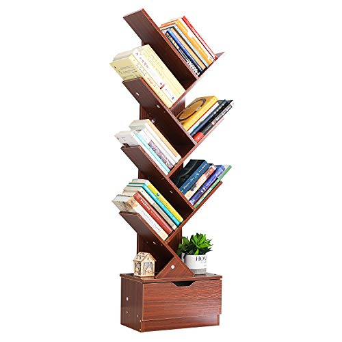 Genenic Tree Bookshelf with Drawers,8-Tier Floor Standing Bookcase,with Wooden Storage Rack Display Shelves Cabinet in Living Room/Home/Office for Books/CDs/Movies/Files (Teak Pattern, 8 Tier)
