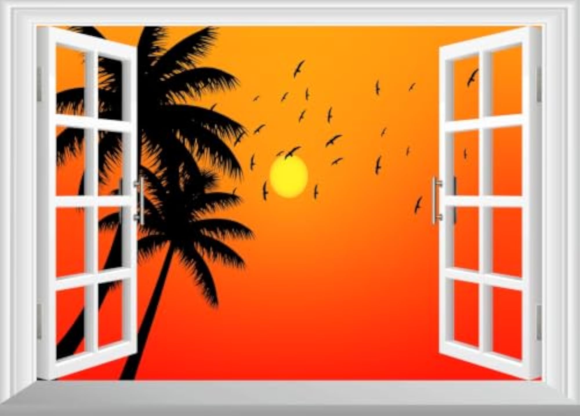 3D Open Window Palm Tree Sunset Wall Sticker