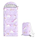 Wake In Cloud - Kids Sleeping Bag for Girls Toddlers, Camping in Warm Cold Weather, Backpacking Lightweight Compact Outdoor Liner for 3 Seasons, Celestial Unicorns, Purple