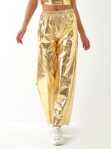 Women's Shiny Metallic Holographic High Waisted Straight Wide-Leg Long Pants Trousers Clubwear with Pockets4