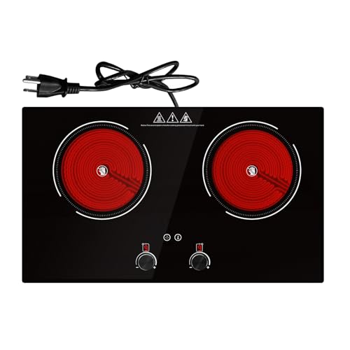 Image of Electric Cooktop 2 Burner, GTKZW 24 inch Electric Stove, 2400W Hot Plate Double Burner, Knob Control Countertop & Built-in, 9 Power Levels, Child Lock, Timer, Suitable for All Pans
