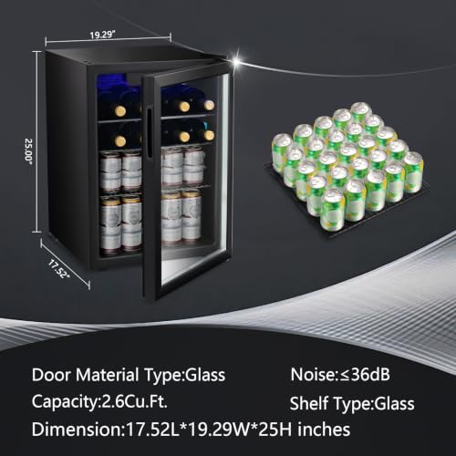 Image of Antarctic Star 2.6cu.ft Wine Cooler /Cabinet Beverage Refrigerator, Small Mini Wine Cellar Fridge, Beer Soda Clear Front Glass Door, Quiet Operation, Adjust Temperature, Freestanding, Black