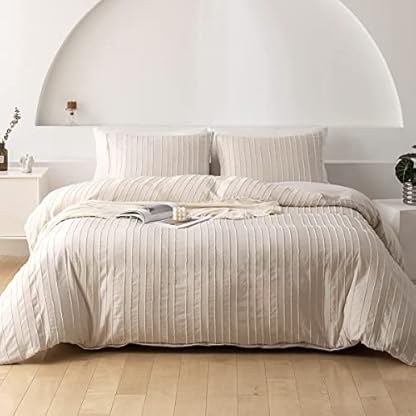 Nyescasa Beige Bettwäsche 135x200 cm Boho Getuftet Gestreift Streifen Wendebettwäsche Set Mädchen Bohemian Mikrofaser Bettbezug mit Reißverschluss und Kissenbezug 80x80 cm
