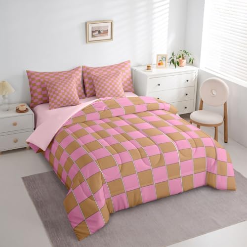 Image of Erosebridal Gaming Plaid King Bed in A Bag 7 Piece Geometric Checkered Comforter Set with Sheets Pink Brown Bedding Sets for Kids Adults,Cute Checkerboard Bed Set