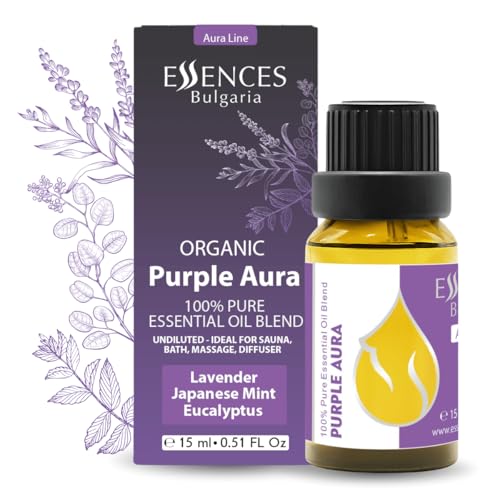 Mezcla de aceites esenciales orgánicos Essences Bulgaria Purple Aura 15 ml | Lavanda, menta japonesa, eucalipto | Aromaterapia, sauna y spa | 100% puro y natural | Sin diluir