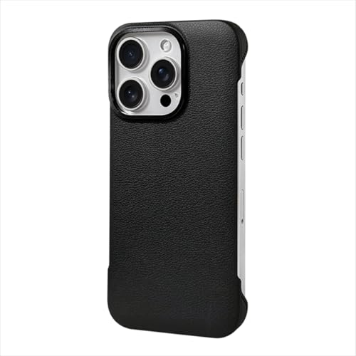 HJZSZX iPhone 14用 高級フレームレス ライチ柄 放熱ケース ソリッドカラー メタルカメラリング ハードケース(iPhone 14用/ブラック JKP WBK)