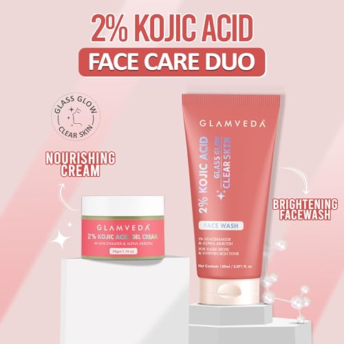 Image of Glamveda 2% Kojic Acid Skin Care Combo | Brightening Facewash & Gel Cream | Remove Fades Dark Spots, Pigmentation & Acne Scars | Evens Skin Tone | Blemishes & Boosts Radiance | Women & Men 200ml