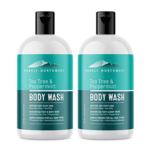 peppermint shower gel - PURELY NORTHWEST-Tea Tree Oil & Peppermint Body Wash for Men & Women-a Refreshing Natural Daily Soap for Body Odor & Acne-Effectively Soothes Jock Itch, Chafing & Athletes Foot 9 OZ (2 PACK)…