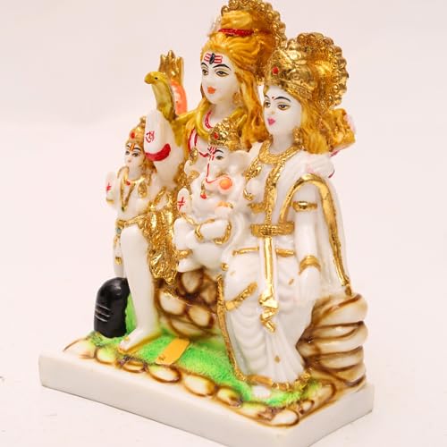 Image of Gold Plated Shiv Parivar Murti Marble Dust Statue for Home Mandir Pooja Room Office Gift | Shiv Parvati Shiva Family Idol Kartikey Statue Standard Size- Multicolor (8 Inch (20cm))