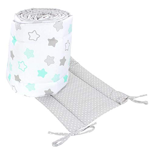 TupTam Protector Acolchado para Cama de Bebé Largo, Estrellas Menta Verde/Puntos Gris, 360x30 cm (Cuna 120x60 cm)
