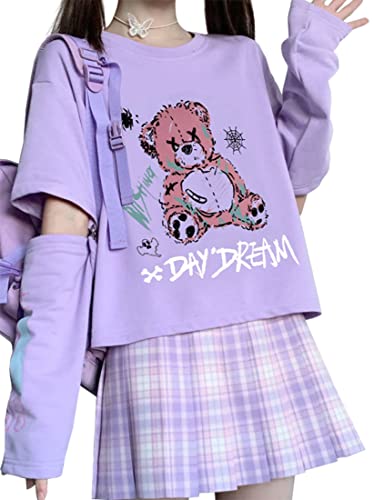 YINGKE Mujer Japonesa Kawaii Sudadera Anime Manga Gótica Y2K Harajuku Camiseta de Manga Larga para Niña (2XL, Morado Oso)