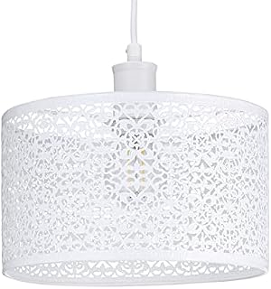 Ornate and Classic Moroccan Style Designed White Gloss Metal Ceiling Pendant Lamp Shade 25cm x 15cm | 60w Maximum| Circular Metal Shade by Happy Homewares