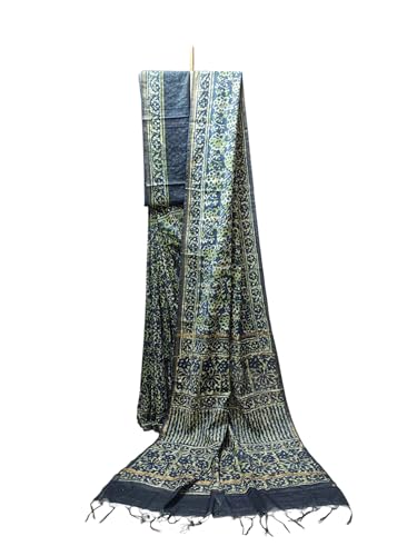 Ivikta Chanderi Silk Saree with Blouse Piece for Women Hand Block Print Chanderi Silk Saree (Green)