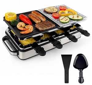 Raclette Set für 8 Personen mit heißer Steinplatte mit Pfännchen & Schaber - Rostfrei & Regulierbar (Eckig)