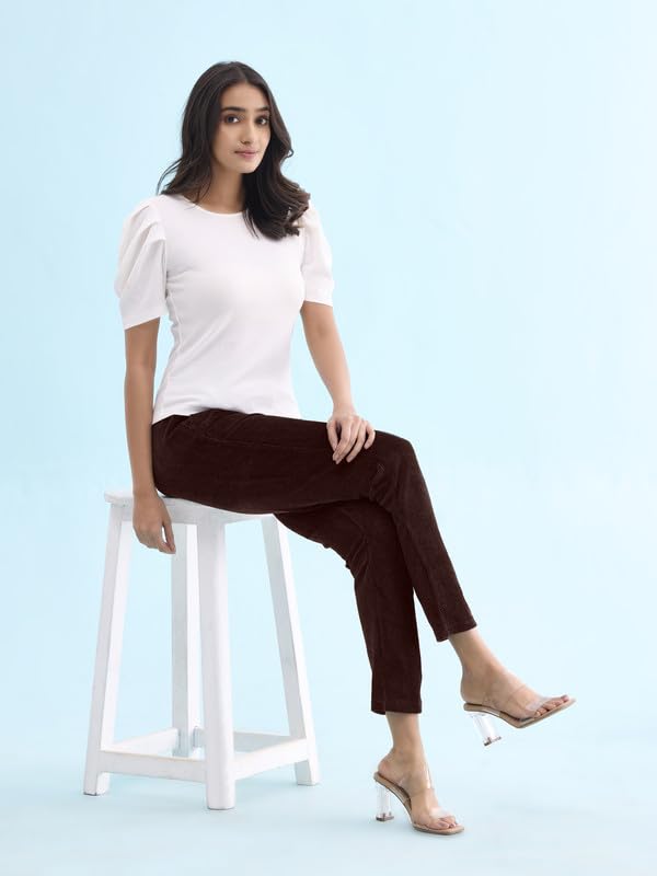 Image of GO COLORS Solid Corduroy Treggings for Women | Warmtech, Mid Rise, Side Pocket