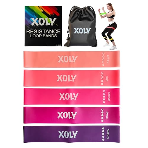 Resistance Bands Men And Women By XOLY (Set of 5) Skin-Friendly Resistance Fitness Exercise Loop Bands with 5 Levels-Carrying Bag Included-Ideal for H