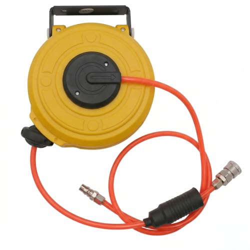 エアーホースリール 6m ホースリール 自動巻き取り 天吊可能 180°回転 伸縮式スプリング エアホース 外径φ8mm 内径5mm ブラケット付 エアーダスター ネイルガン エアードリル 空気圧工具 工場 洗車場 家庭菜園 自動車修理工場