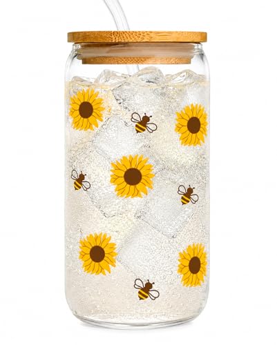FatWongcoi Sunflower Cup for Women - 16oz Summer Flower Bee Glass Cup - Cute Birthday Gift for Sunflower Lovers - Aesthetic Iced Coffee Tumbler for Friend Coworkers Boss Lady