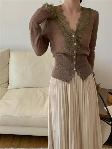 Womens Y2k Patchwork Lace Trim V-Neck Knitted Cardigan Sweaters Wool Blend Chic Vintage Tops Fairycore Clothing4