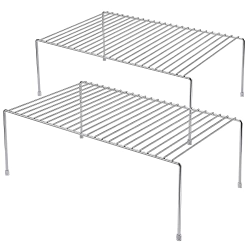 GEDLIRE Kitchen Cabinet Shelf Organizer Set of 2, Large (15.7 x 9.4 inch) Metal Wire Pantry Storage Shelves, Dish Plate Racks for Cabinets, Freezer, Counter, Cupboard Organizers and Storage, Chrome