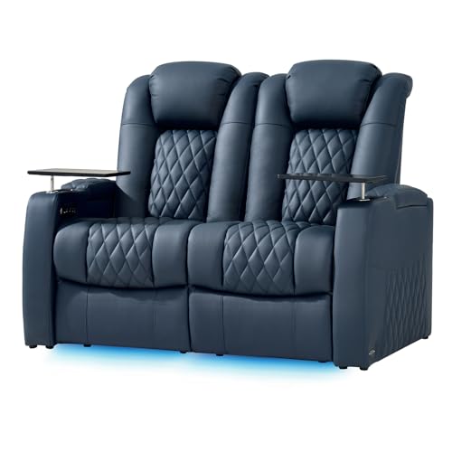 comfiroom Home Theater Seating Classic Series Top Grain Leather Loveseat Recliner Chair Dual Power Movie Theater Chairs Gaming Sofa Electric Headrest with Tray Table (Blue, Row of 2 Loveseat)