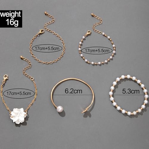 GIGB PBDK 5 Pcs Set Gold Floral Pearl Bracelet for Women, Leaves White Flower Petal Layered Bangles, Pearls Beads Adjustable Chain Link Bracelet, Trendy Jewelry Gifts2