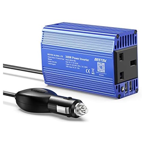 BESTEK 300W Power Inverter DC 12V to AC 230V 240V Transformer Car Charger Lighter Adapter with 3 Pin Plug and Dual USB Ports (Blue) Cover