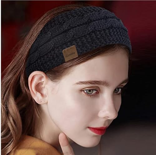 Loritta CLO-025-1 2 Pack Headbands For Women Winter Warm Cable Knit Ear Warmer Thick Head Wrap Fuzzy Fleece Lined Gifts,Black+Grey thumb #5