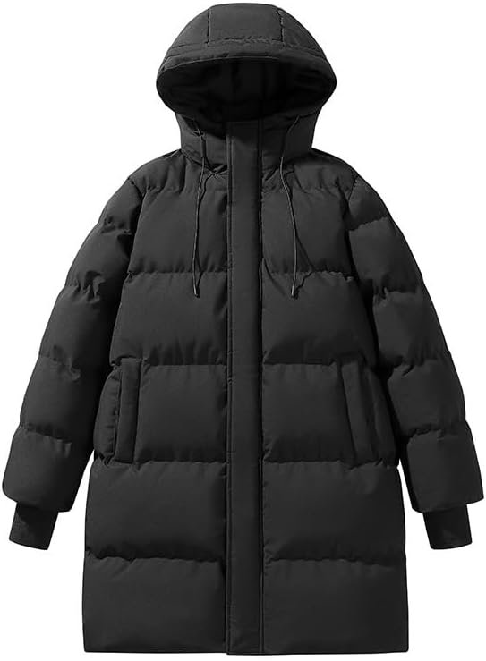 Mens Winter Warm Padded Parka Jacket Loose Fit Mid-Length Quilted Coat Heavyweight Long Sleeve Full Zip Outwear