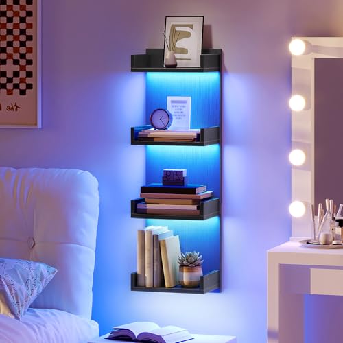 Image of HOOBRO Floating Wall Shelves with LED Lights, Floating Shelf Wall Mounted for Storage, Vertical Display Stand, Modern Column Rack, for Bedroom, Livingroom, 4-Tier, 35.4 Inches, Black, BK41DBJ01
