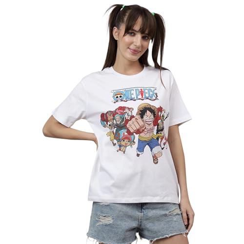 Image of Free Authority Officiel One Piece: New World Women's Short Sleeve Crew Neck Anime Print Cotton Oversized T-Shirt, white, L