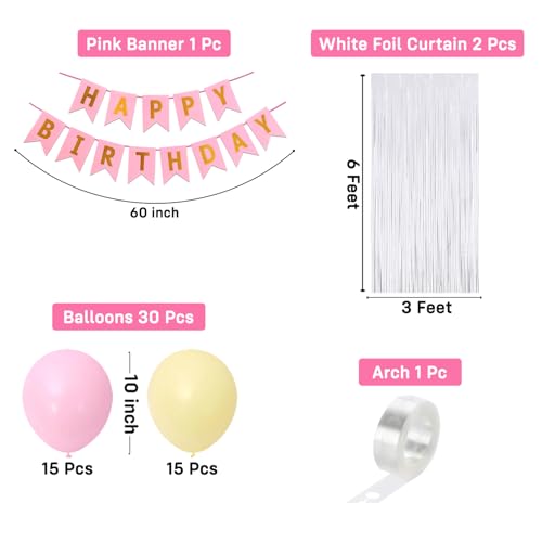 Image of Party Propz Happy Birthday Decoration Kit - 34 Pcs, Pink Banner, White Foil Curtain, Pastel Balloons & Arch Strip, Birthday Decoration for Girls, Boys, Husband