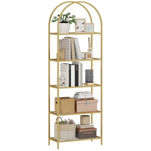HOMCOM Libreria Scaffale ad Arco a 5 Ripiani, Scaffale Portaoggetti Moderno in Vetro Temperato con Struttura in Acciaio, per Bagno, Soggiorno, Camera da Letto, Studio e Ufficio, 60x30x175 cm, Oro