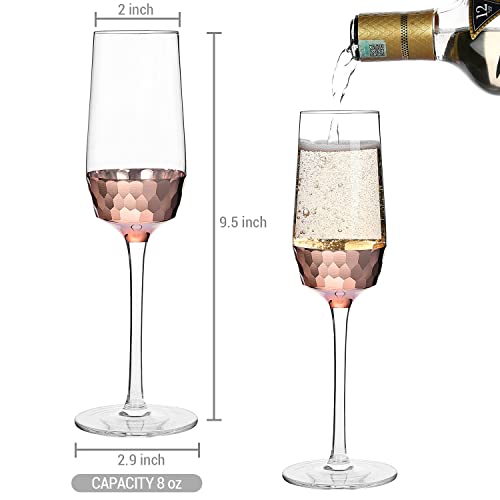 Mygift 8 Oz Premium Quality Flutes With Rose Gold Metal Hammered Design, Champagne Glass Set, Stemmed Holiday Toasting Drinkware, Set Of 4 #TOP4