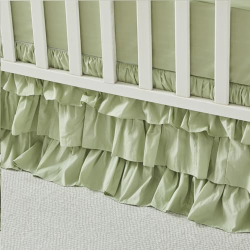 Image of Brandream Crib Skirt Triple Layer Cotton Nursery Bed Skirt for Baby Girls Boys Toddler Bedskirt Solid Color Light Green Dust Ruffle Gender Neutral Farmhouse Chic Boho Bohemian Skirt