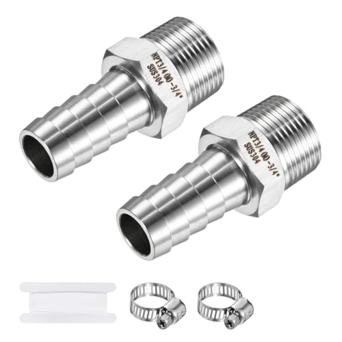 Image of M METERXITY 2-Pack Garden Hose Adapter, 304 Stainless Steel 3/4" Barb x 3/4" NPT Male Threaded Connector with Sealing Tape & Clamp Garden Hose Convert Fitting for Pipe