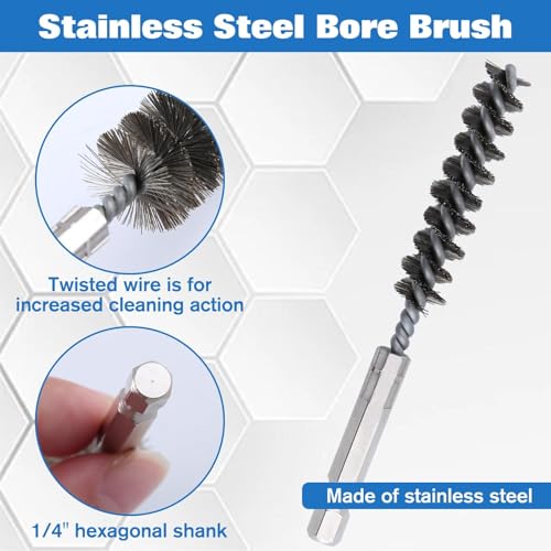 LEONTOOL 8 Stück Edelstahl-Bohrungsbürsten mit 6,35 mm Sechskantschaft, gedrehte Drahtbohrungsbürsten, Borsten, Draht-Reinigungsbürste, Kupferrohrreiniger für Bohrmaschinen-Schlagschrauber (8, 9, 10,