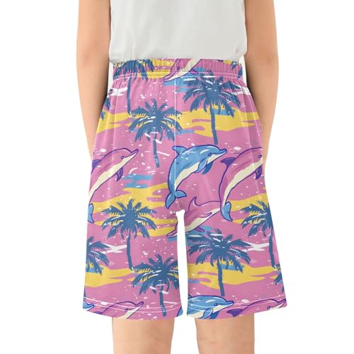 ALAZA Color Wave Palm Tree Dolphin Pajama Shorts Elastic Waist Casual Sleep Shorts with Pockets Size 6-142