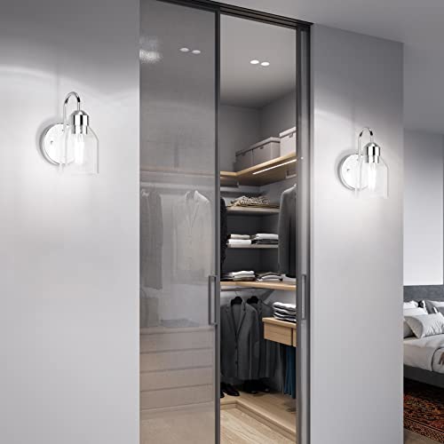 Image of Chrome Sconces Wall Lighting, Wall Sconces Set of 2, Modern Bathroom Vanity Light Fixtures, Farmhouse Metal Wall Lamp with Clear Glass Shade, Wall Mount Lights for Mirror Bedroom Hallway