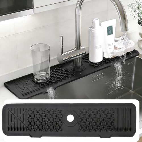 Image of EBIGIC 24 Inch Silicone Faucet Mat for Kitchen Sink, 7 Slope Fast Self-Draining Sink Splash Guard, Kitchen Sink Water Catcher Organizer, Kitchen Sink Accessories (Black, 24''x5.6'')