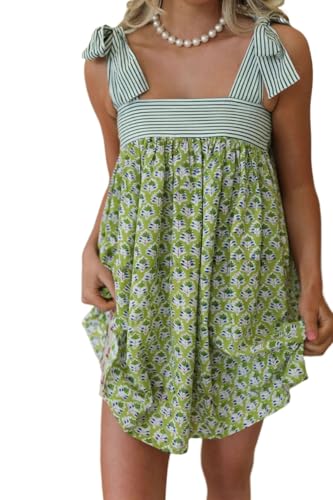 Women Floral Mini Dress Y2K Coquette Summer Bow Tie Strap Babydoll Short Dress Fairy Cottagecore Sundress Cute Clothes (Green,Medium)